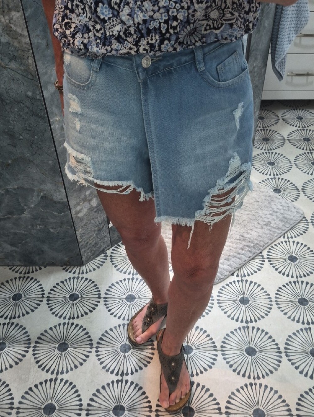 Light Blue Distressed Denim Skorts - Women